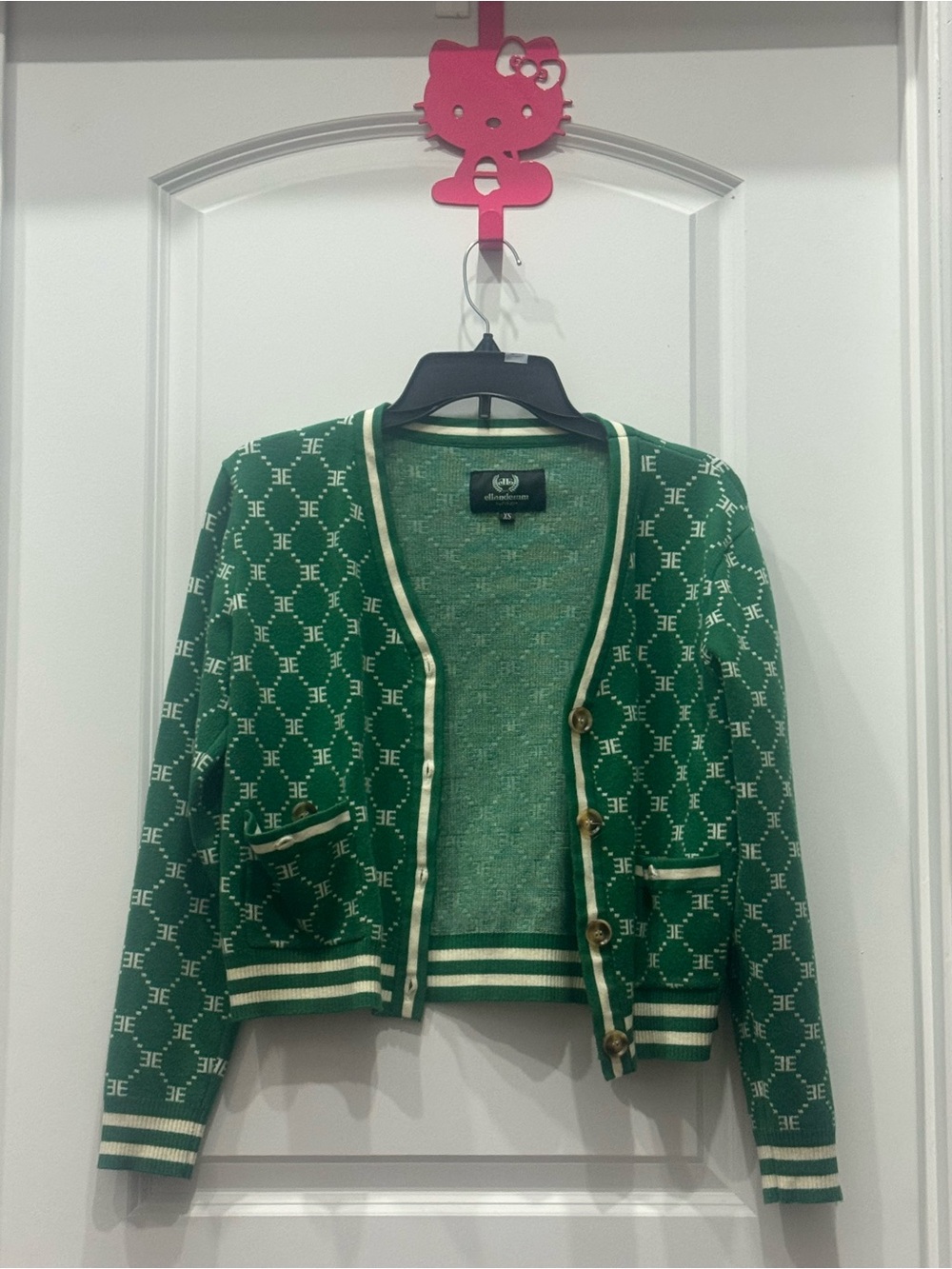 Green Monogram Knit Cardigan with Cream Trim: ellandemn